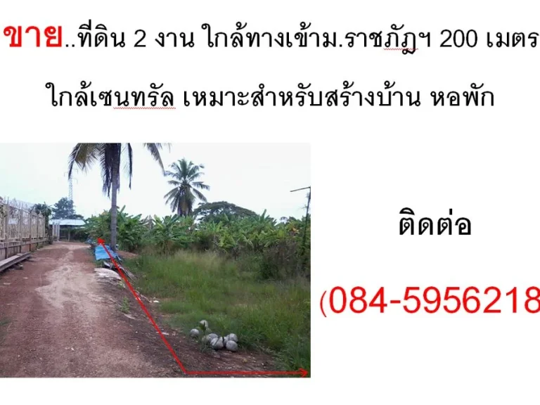 ขายที่ดิน 2 งาน ใกล้ทางเข้ามราชภัฎฯ 200 เมตร