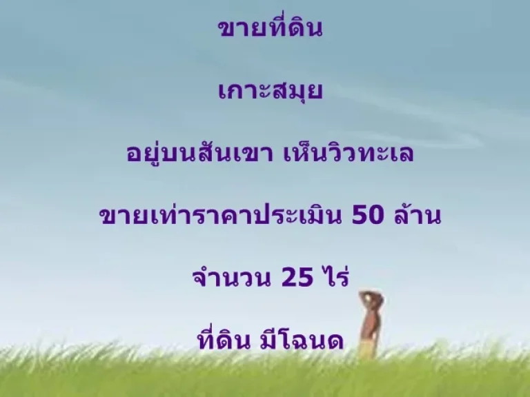 ขายที่ดิน เกาะสมุย อยู่บนสันเขา เห็นวิวทะเล ขายเท่าราคาประเมิน 50 ล้าน จำนวน 25 ไร่ ที่ดิน มีโฉนด