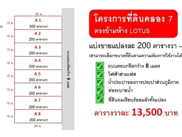 ขายที่ดิน แปลงละ 1 ไร่-4 ไร่ ตรงข้ามโลตัสคลอง 7 ถมแล้ว