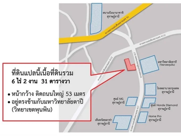 ขายที่ดินทำเลดีมาก โฉนดจำนวน 6 ไร่ 2 งาน 31 ตรว ตรงข้าม มตาปี เมืองสุราษฎร์