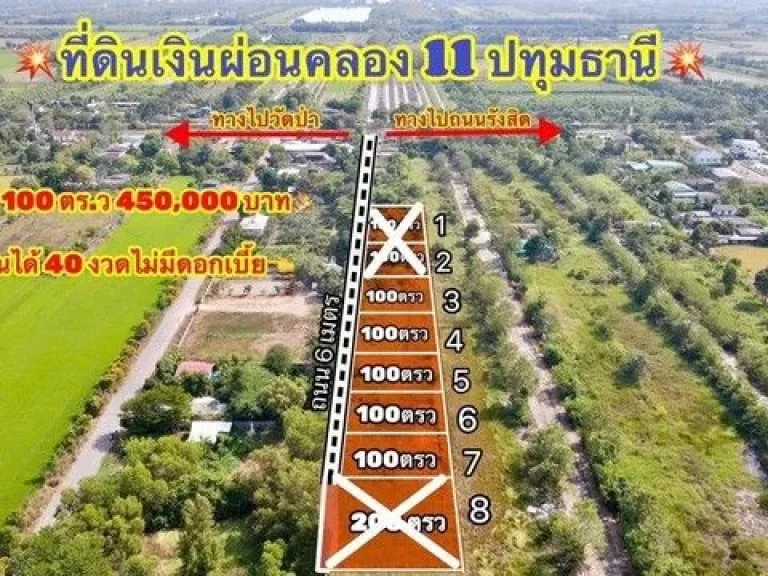 ขายที่ดิน คลอง11 หนองเสือ ปทุม 100 ตรว ผ่อนได้นาน 40 เดือน