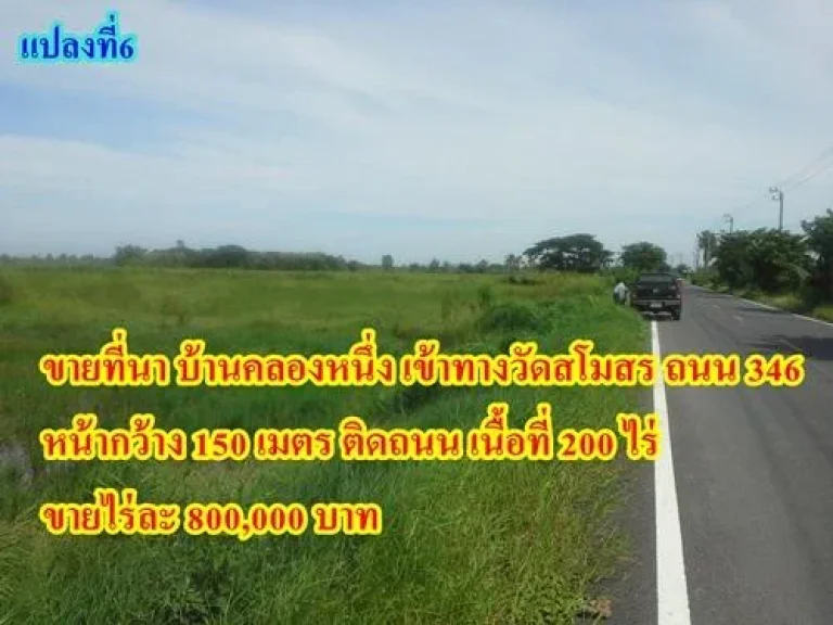 ขายที่นา 200 ไร่ๆละ 8 แสน บ้านคลอง1 ทางเข้าวัดสโมสร ไทรน้อย