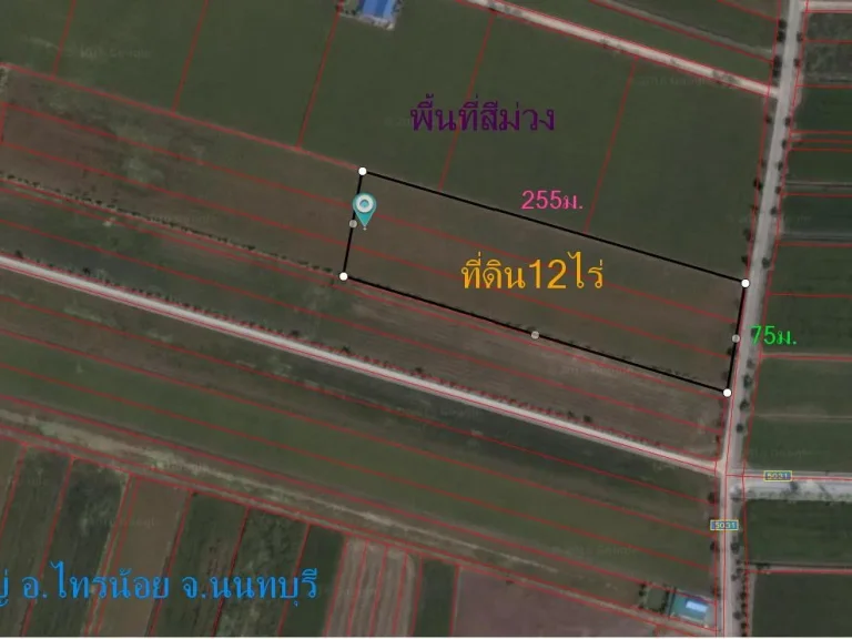 ที่ดิน12ไร่ หน้ากว้าง75มพื้นที่สีม่วง ตไทรใหญ่ อไทรน้อย จนนทบุรี