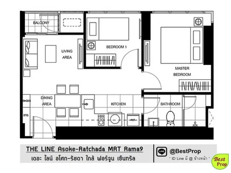 นอน มีเครื่องซักผ้า THE LINE อโศก-รัชดา ชั้นสูง ติด MRT พระราม 9 ใกล้ฟอร์จูน ให้เช่า