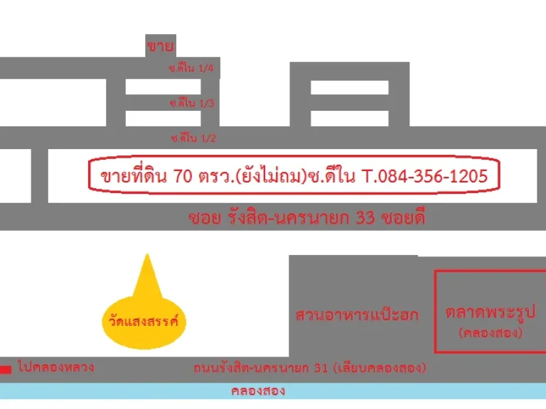 ด่วนขายที่ดิน 70ตรว ในซอยรังสิตนครนายก 33 ใกล้ตลาดคลองสอง ขายต่ำกว่าราคาประเมินกรมที่ดิน