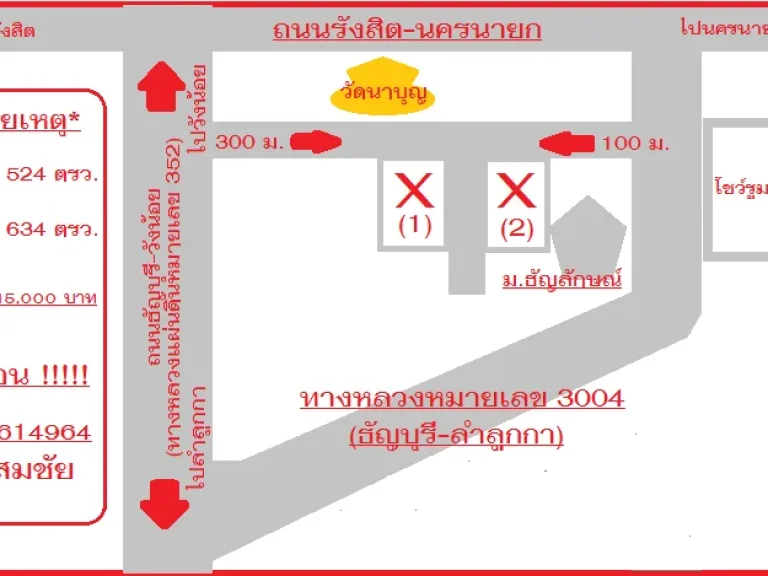 ด่วนขายที่ดิน 524ตรวและ 634 ตรว ห่างถนนรังสิต-นครนายก เพียง 200 เมตร