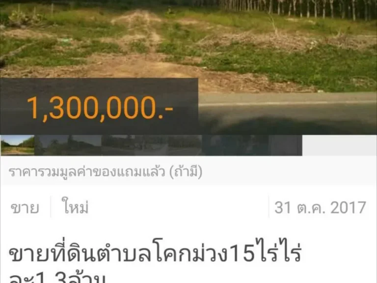 ขายที่ดินตำบลโคกม่วง15ไร่ไร่ละ13ล้าน