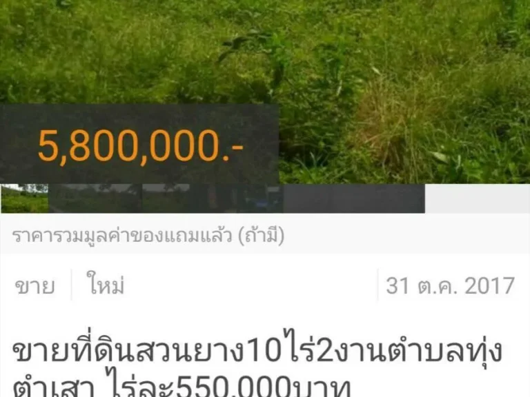 ขายที่ดินสวนยาง10ไร่2งานตำบลทุ่งตำเสา ไร่ละ550000บาท