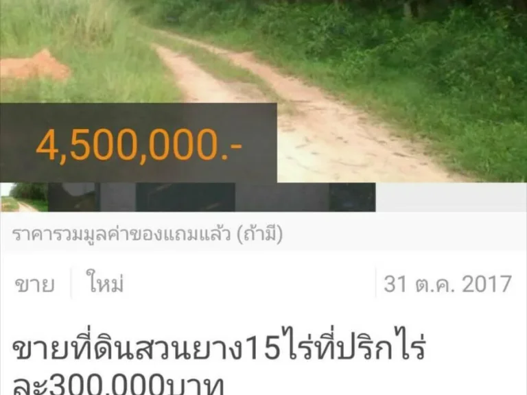 ขายที่ดินสวนยาง15ไร่ที่ปริกไร่ละ300000บาท