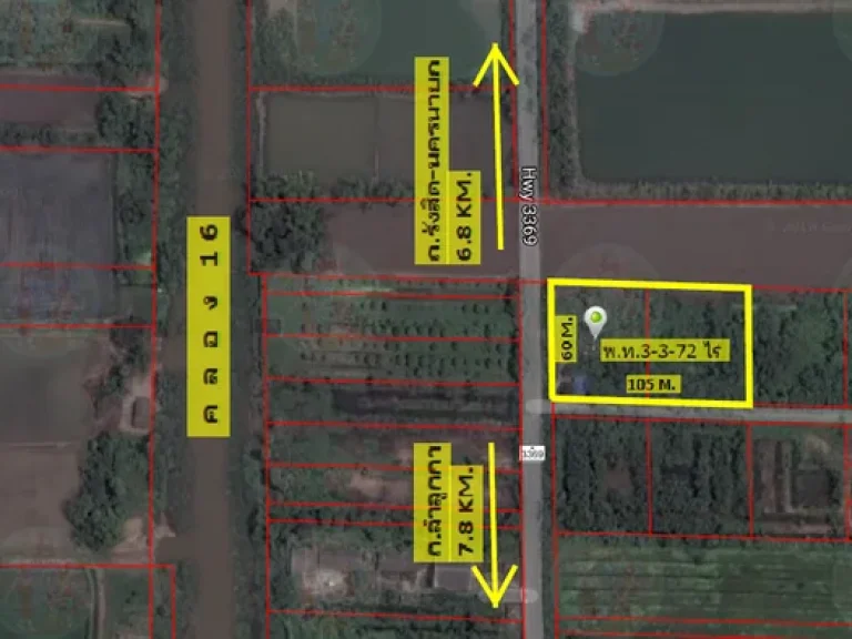 ขายที่ดินคลอง 16 องครักษ์หน้าติดถนน 3369 กว้างประมาณ 60ม พท3 ไร่ 3 งาน 72 ตรวา