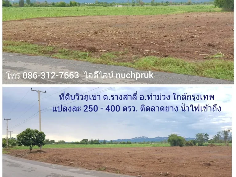 ที่ดินวิวภูเขา 250 ตรว และ 1 ไร่ เริ่มต้น 340000 มีแค่ 4 แปลง ติดลาดยาง ถมแล้ว รางสาลี่ อท่าม่วง ดินดี ลมเย็น