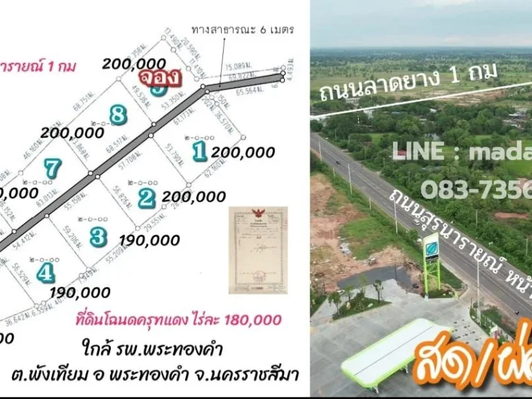 ขายที่ดินโฉนดไร่ละ 180000 แบ่งขาย 2ไร่ ติดถนนลาดยาง ใกล้ปั้มบางจาก