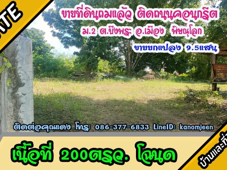 ขายที่ดินถมแล้ว พร้อมรั้ว ติดถนนคอนกรีต 200 ตรว ม2 ตบึงพระ อเมือง พิษณุโลก ยกแปลง95แสน