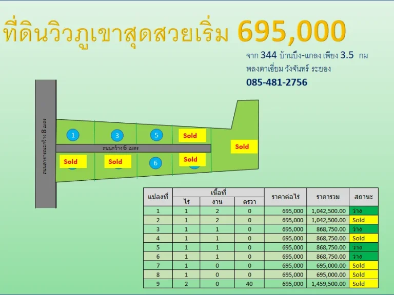 ที่ดิน วิวเขาสวยที่สุดในวังจันทร์ 1 ไร่ 695แสน ติดถนนดำ