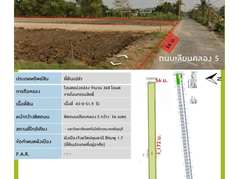 ขายที่ดินเปล่าทำโครงการจัดสรรได้ ถนนเลียบถนนรังสิตคลอง 5 ใกล้ทัณฑสถานหญิง