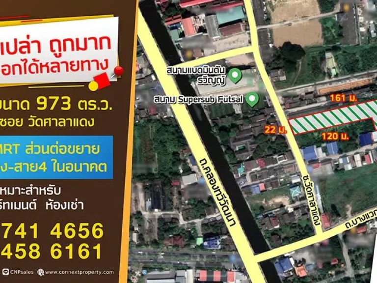 ขายที่ดิน 973 ตรว ใกล้วัดศาลาแดง เลียบคลองทวีวัฒนา สาย 3