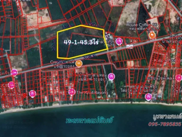 ขายที่ดินระยอง แกลง 49-1-453 ไร่ ติดถนนเลียบชายหาดทะเลหาดแม