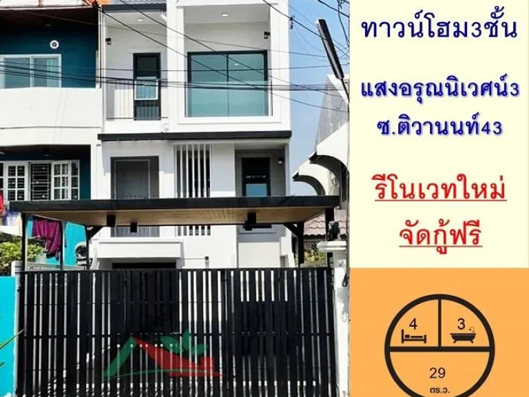 รีโนเวทใหม่ ขายทาวน์โฮม3ชั้น 29ตรว มแสงอรุณนิเวศน์3