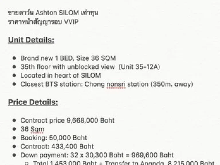 ขายดาวน์เท่าทุนหน้าสัญญารอบ VVIP คอนโด Ashton Silom แอชตัน สีลม 1 ห้องนอน 1 ห้องน้ำ