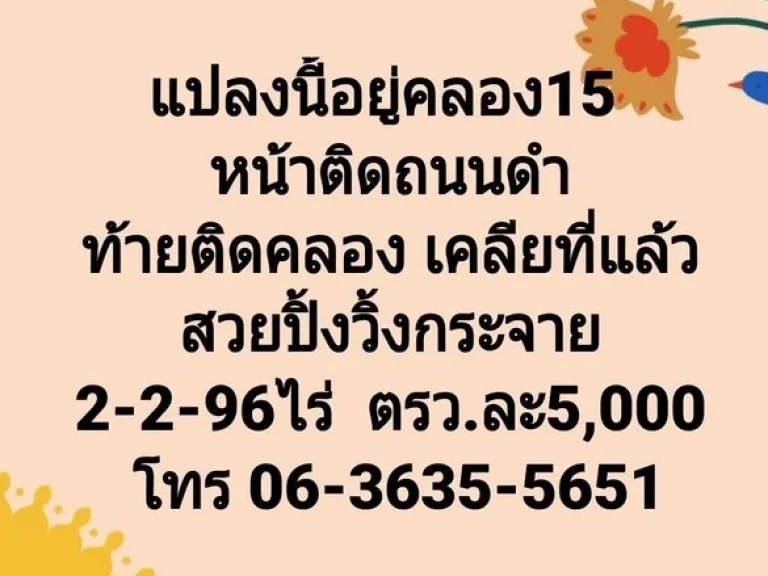 ขายที่ดินคลอง15 ขนาด 2ไร่2งาน96ตรว 2โฉนดพร้อมโอนขายยกแปลง 5480000