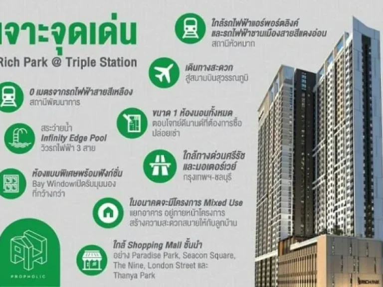 ขายดาวน์คอนโด ริชพาร์ค หัวหมาก Rich Park Triple Station ห้องมุม ใหญ่สุด ทิศ E ใกล้ รถไฟฟ้า หัวหมาก