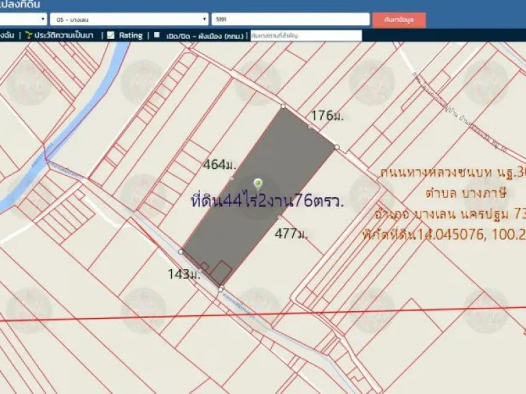 ที่ดิน44ไร่2งาน76ตรวหน้ากว้าง176มติดถนนทางหลวงชนบท นฐ3015 ตบางภาษี อบางเลน จนนทบุรี