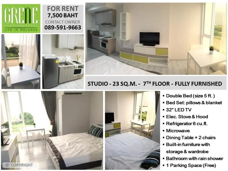 Studio l 23 Sqm l 7 th fl Grene Chaengwattana Condominium