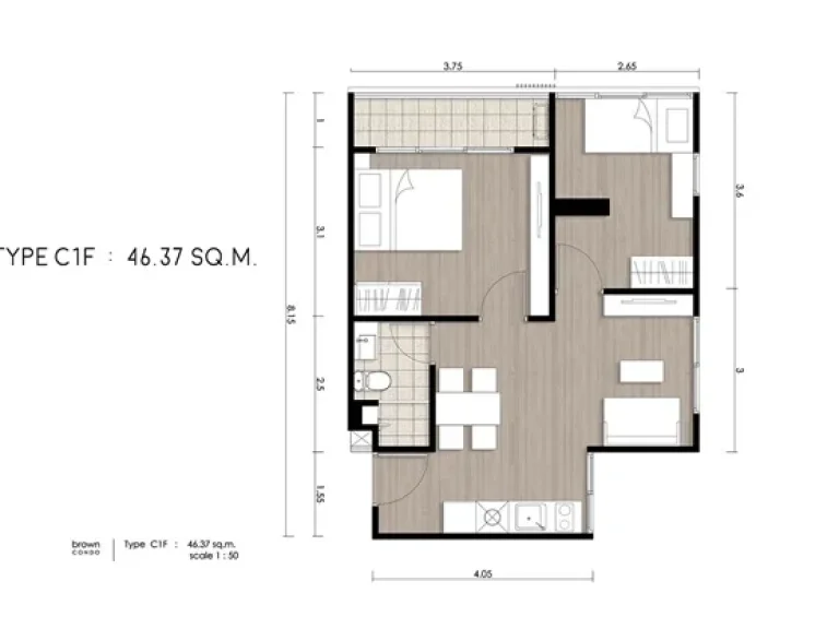 ขาย Brown Condo รัชดา 32 ราคา 210000 บาท ห้องมุม 1 Bedroom Plus ขนาด 4637 ตรม