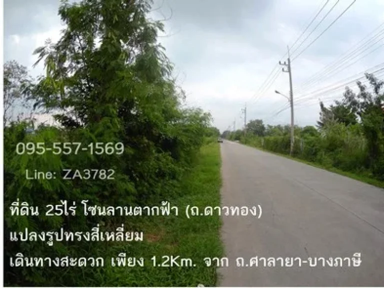 ที่ดิน 25ไร่ ลานตากฟ้า ถดาวทอง รูปแปลงสี่เหลี่ยม จากเส้นหลักถศาลายา-บางภาษี เดินทาง 12Km