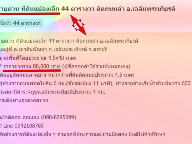 ขายด่วน ที่ดินแปลงเล็ก 44 ตารางวา ติดถนนดำ อเฉลิมพระเกียรติ