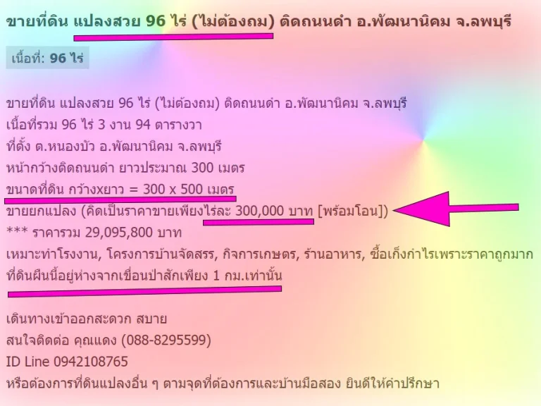 ขายที่ดิน แปลงสวย 96 ไร่ ไม่ต้องถม ติดถนนดำ อพัฒนานิคม จลพบุรี