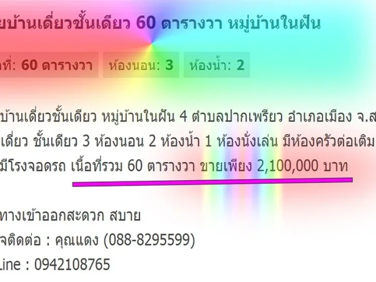 ขายบ้านเดี่ยวชั้นเดียว 60 ตารางวา หมู่บ้านในฝัน 4