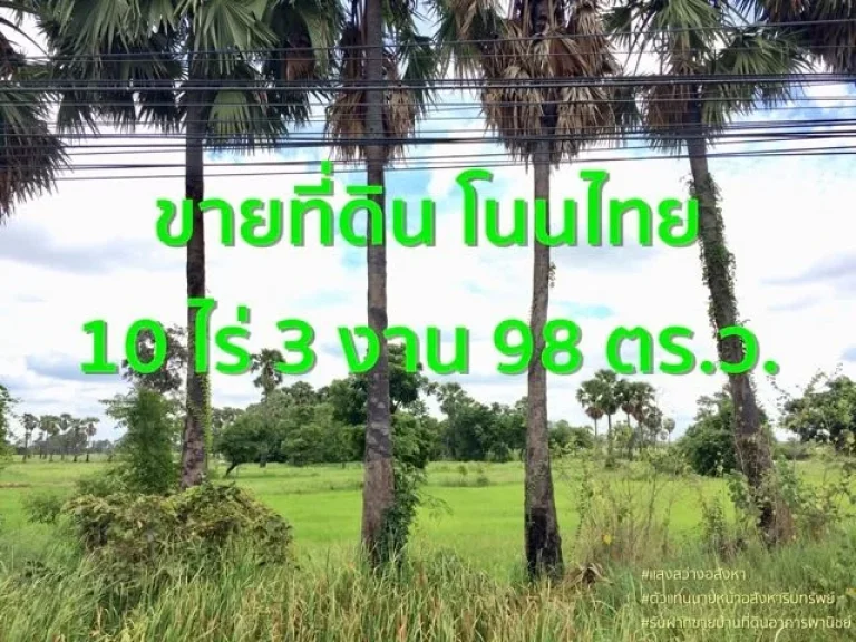 ขายที่ดินแบ่งขาย 10 ไร่ 3 งาน 98 ตรว อโนนไทย แปลงสวยทำเลดี ติดถนนสุรณารายณ์ทล205 หน้ากว้างประมาณ 58 ม ลึก 454 ม