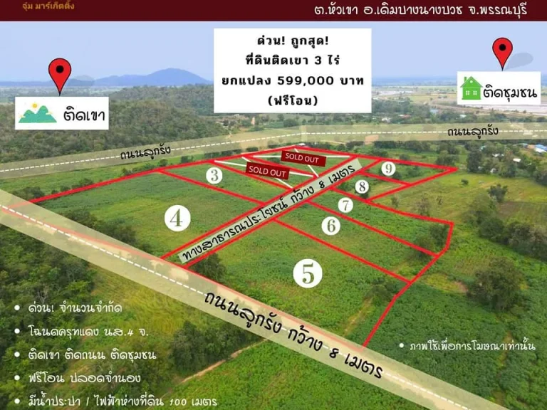 ขายที่ดิน 3 ไร่ โฉนดครุฑเเดง นส 4 จ ขายยกแปลง ฟรีโอน ติดเขา ติดถนน มีน้ำประปา ไฟฟ้า เหมาะสร้างบ้านสวนเกษตร บรรยากาศดี น้ำไม่ท่วม