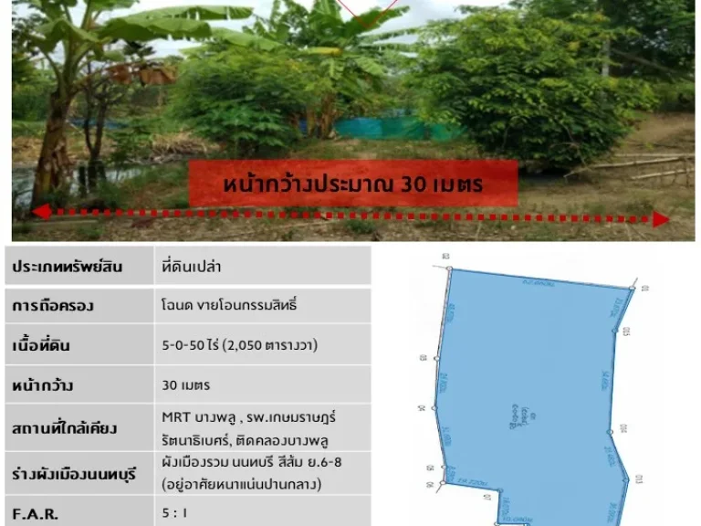 ขายที่ดินโซนรัตนาธิเบศร์ ถนนบางกรวย-ไทรน้อย เนื้อที่ 5-0-50 ไร่