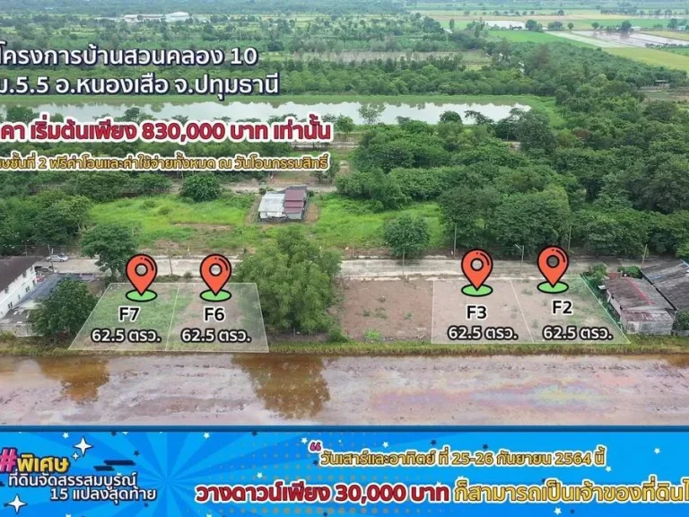 ขายด่วน ที่ดินแปลงเล็ก บ้านสวนเลียบคลอง 10 กม 55 หนองเสือ ปทุมธานี