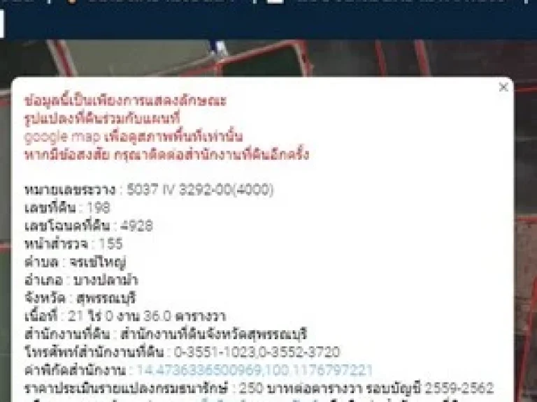 ขายด่วนที่ดินเปล่า 21 ไร่ 36 ตารางวา อ บางปลาม้า จ สุพรรณบุรี