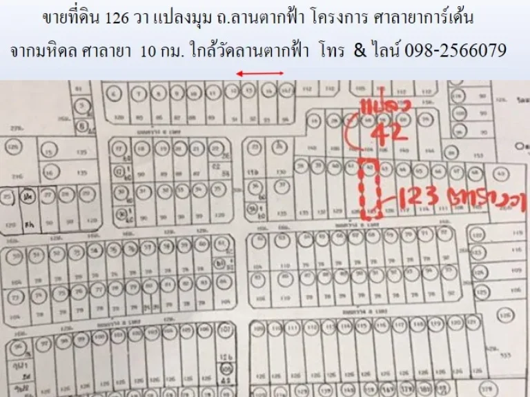 ขายที่ดิน 126 วา แปลงมุม ถลานตากฟ้า-ศาลายา โครงการ ศาลายาการ์เด้น นครชัยศรี นครปฐม จากศาลายาเพียง 10 กม ใกล้วัดลานตากฟ้า