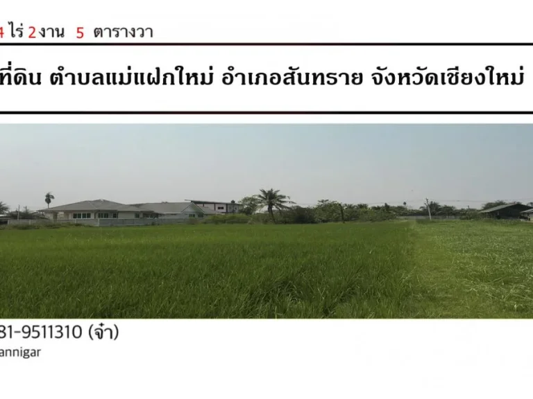 ขายที่ดิน ตำบลแม่แฝกใหม่ อำเภอสันทราย จังหวัดเชียงใหม่