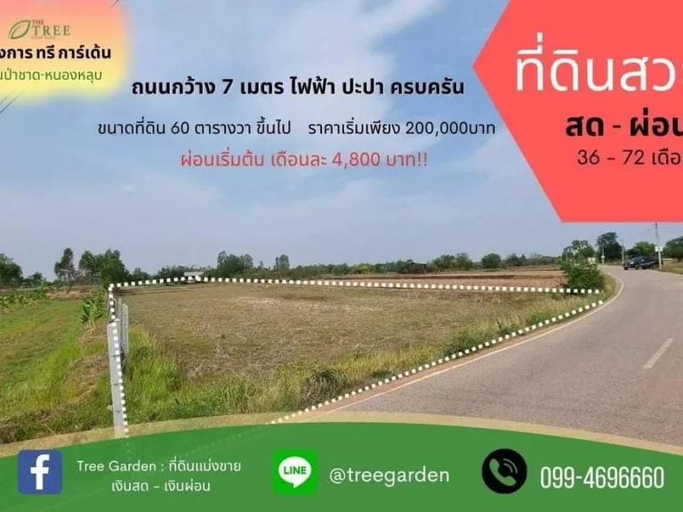 ที่ดินแบ่งขาย สด - ผ่อนราคาถูก เนื้อที่ 60 ตรวขึ้นไป ผ่อนเริ่มต้น 4800 บาท 36-72 งวด