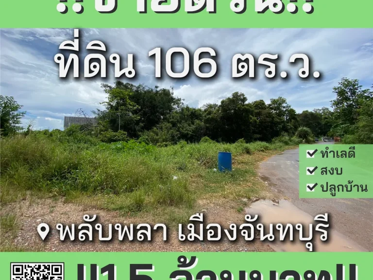 ขายด่วน ที่ดินเปล่า 106 ตรว ราคา 15 ล้านบาท ซอยติดถนนสุขุมวิท พลับพลา เมืองจันทบุรี