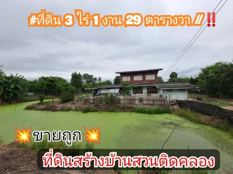 ขายถูก ที่ดินสร้างบ้านสวนติดคลอง 3-1-29 ไร่ หน้าติดถนนคอนกรีตสาธารณะ ตขุนศรี อไทรน้อย