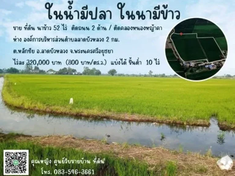 ขาย ที่ดิน ที่นา ติดคลองหนองหญ้าคา แปลงมุม ลาดบัวหลวง 52 ไร่ 2 งาน 18 ตรวา หน้ากว้างติดคลอง 300 เมตร