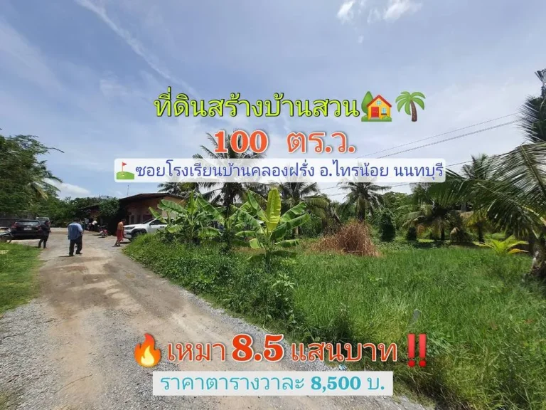 ขายที่ดินสร้างบ้านสวน 100 ตารางวา ติดถนนสาธารณะ ซอยโรงเรียนบ้านคลองฝรั่ง อไทรน้อย