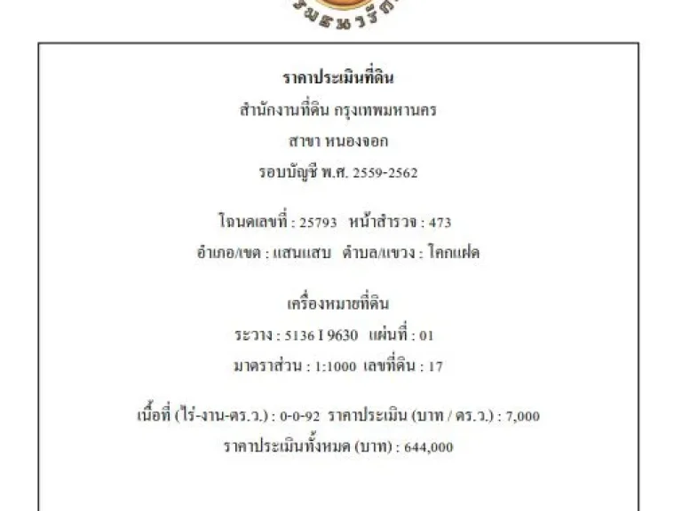 ที่ดิน 92 ตรว ขายต่ำกว่าราคาประเมิน ห่างจากถนนเลียบวารี 223 ม เขตหนองจอก กรุงเทพ