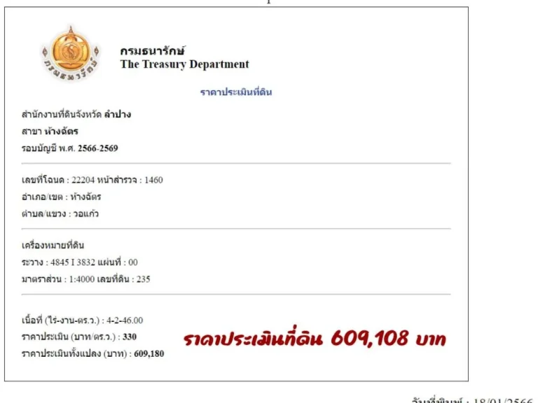 ที่ดินสวย อห้างฉัตร ติดถนนปูน ขายเท่าราคาประเมิณที่ดิน