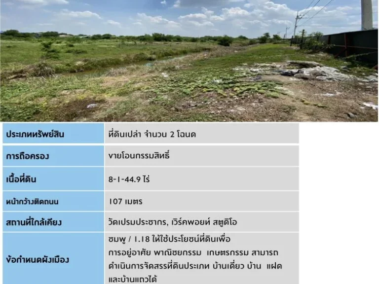 ขายที่ดินเปล่า รังสิต-เลียบคลองเปรม ปทุมธานี เนื้อที่ 8-1-449 ไร่ ผังสีมพู ไร่ละ 394 ล้าน ยกผืนรวม 33 ล้านบาท