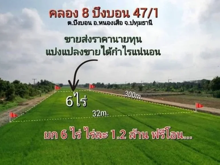 ที่ดินคลอง 8 หนองเสือ ซอยบึงบอน471 เนื้อที่ทั้งหมด 6 ไร่