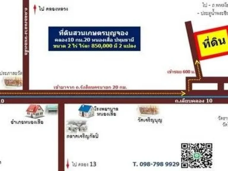 ที่ดินสวนเกษตรบุญจอง คลอง10 หนองเสือ ไร่ละ 850000 บาท