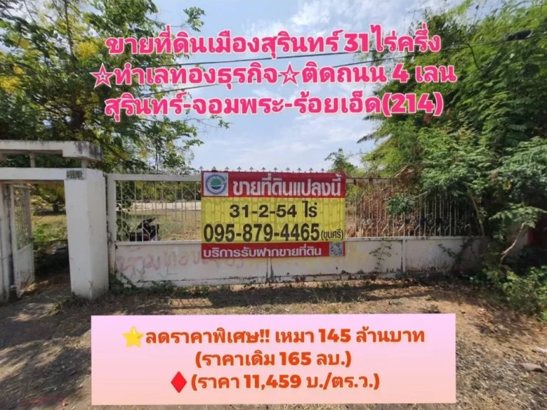 ขายที่ดินเมืองสุรินทร์ 31ไร่ครึ่ง ทำเลทองธุรกิจ ติดถนน 4